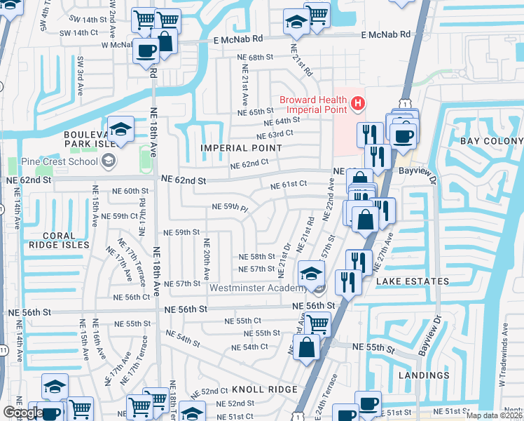 map of restaurants, bars, coffee shops, grocery stores, and more near 2128 Imperial Point Drive in Fort Lauderdale