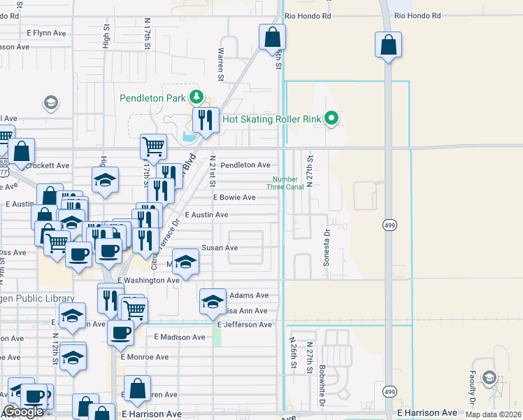 map of restaurants, bars, coffee shops, grocery stores, and more near 2325-2401 East Austin Avenue in Harlingen