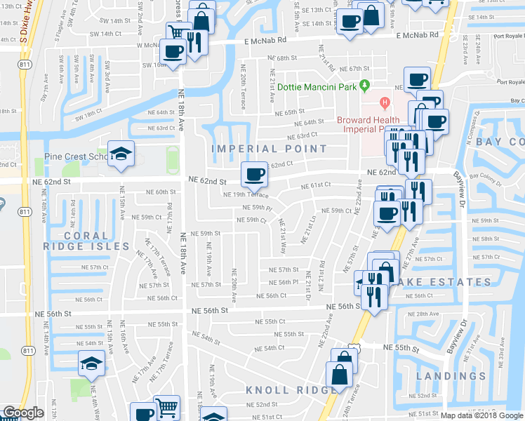 map of restaurants, bars, coffee shops, grocery stores, and more near 2106 Northeast 59th Place in Fort Lauderdale