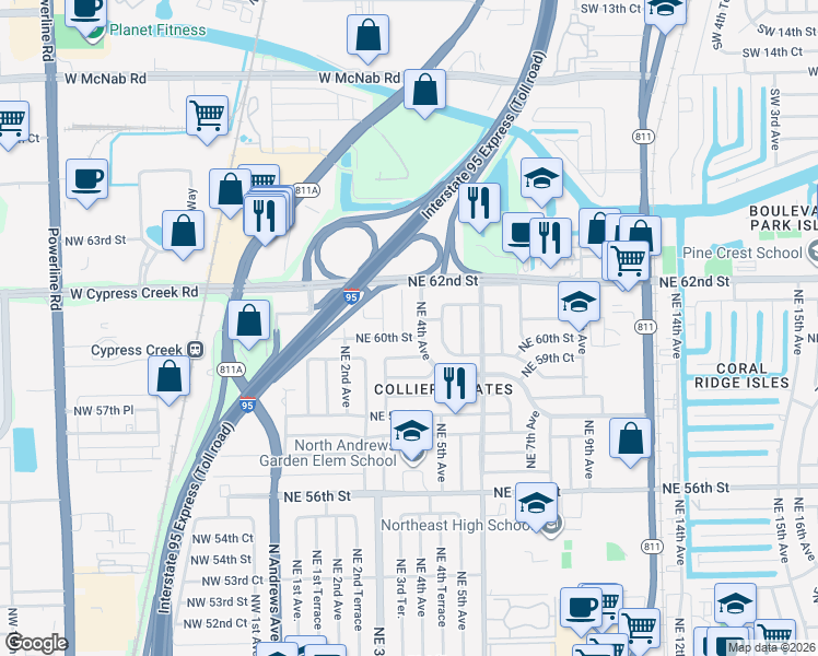 map of restaurants, bars, coffee shops, grocery stores, and more near 6010 Northeast 3rd Terrace in Fort Lauderdale