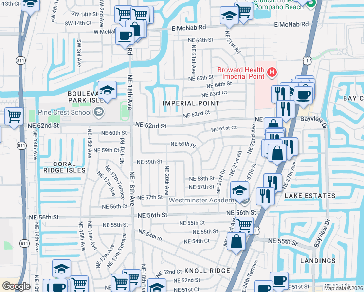 map of restaurants, bars, coffee shops, grocery stores, and more near 2050 Northeast 59th Place in Fort Lauderdale
