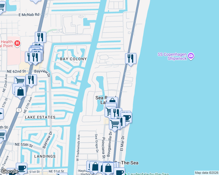 map of restaurants, bars, coffee shops, grocery stores, and more near 9 Gatehouse Road in Sea Ranch Lakes
