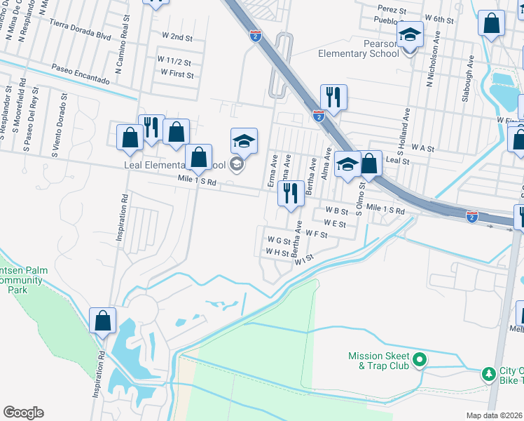 map of restaurants, bars, coffee shops, grocery stores, and more near 414 Erma Avenue in Mission