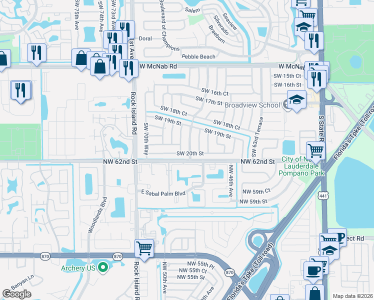 map of restaurants, bars, coffee shops, grocery stores, and more near 1981 Southwest 68th Avenue in North Lauderdale