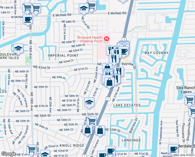 map of restaurants, bars, coffee shops, grocery stores, and more near 5950 Northeast 22nd Avenue in Fort Lauderdale