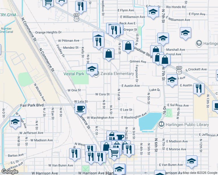 map of restaurants, bars, coffee shops, grocery stores, and more near 22 North A Street in Harlingen