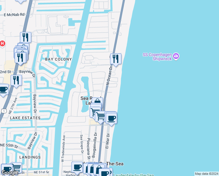map of restaurants, bars, coffee shops, grocery stores, and more near 14 Winnebago Road in Sea Ranch Lakes
