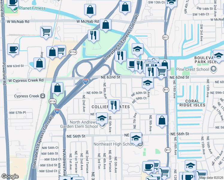 map of restaurants, bars, coffee shops, grocery stores, and more near 6010 Northeast 5th Avenue in Fort Lauderdale
