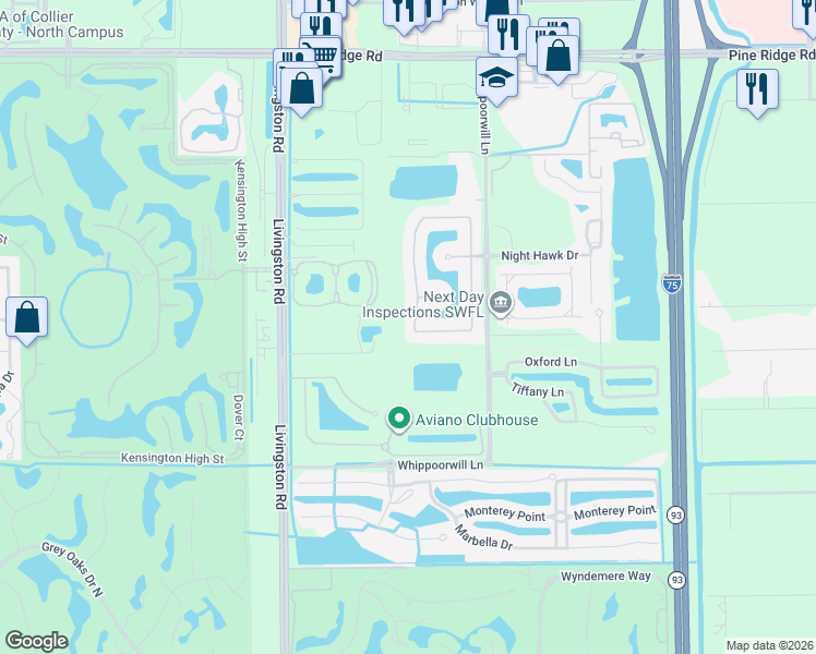 map of restaurants, bars, coffee shops, grocery stores, and more near 1550 Serrano Circle in Naples