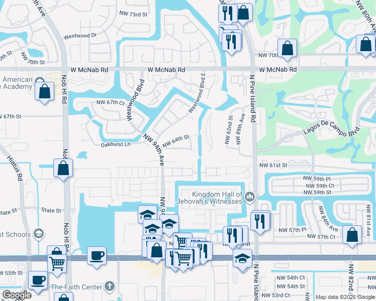 map of restaurants, bars, coffee shops, grocery stores, and more near 9253 Wedgewood Lane in Tamarac
