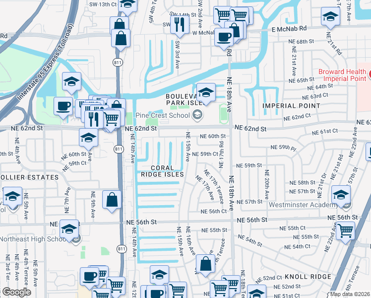 map of restaurants, bars, coffee shops, grocery stores, and more near 5911 Northeast 15th Avenue in Fort Lauderdale