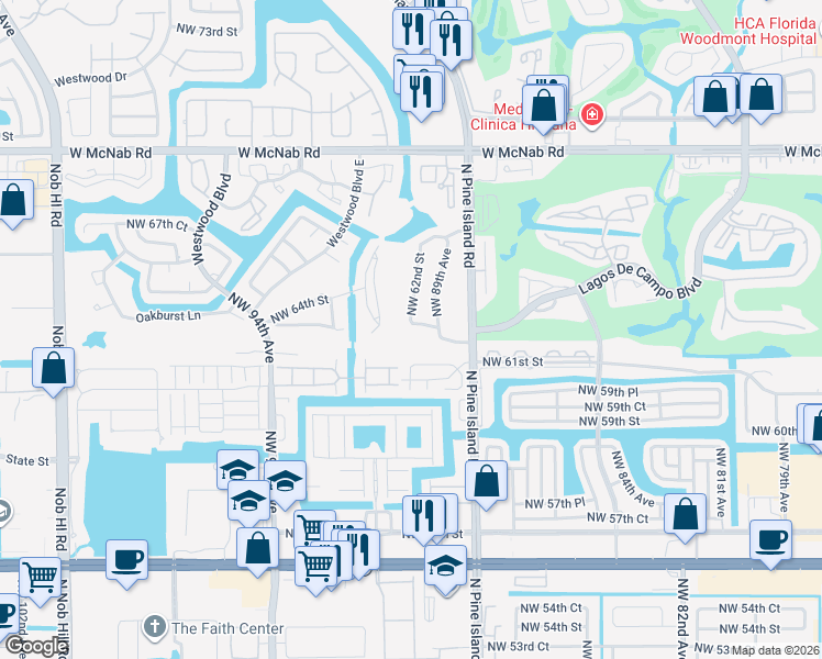 map of restaurants, bars, coffee shops, grocery stores, and more near 8990 Northwest 62nd Street in Tamarac
