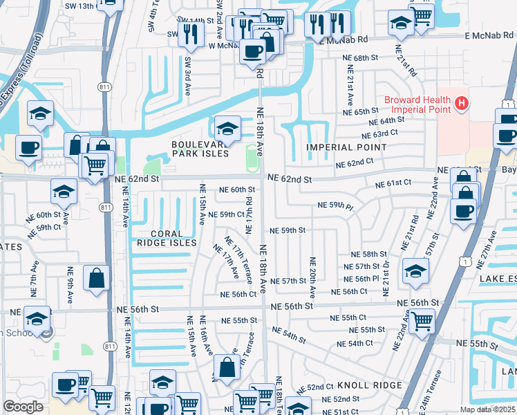 map of restaurants, bars, coffee shops, grocery stores, and more near 5911 Northeast 18th Avenue in Fort Lauderdale