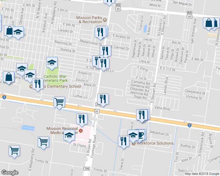 map of restaurants, bars, coffee shops, grocery stores, and more near 1352 Mark Place in Mission