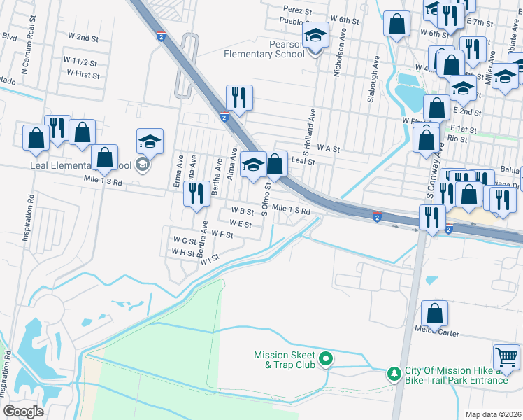 map of restaurants, bars, coffee shops, grocery stores, and more near 900 West B Street in Mission