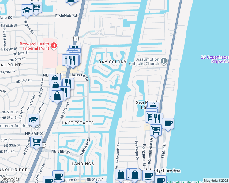 map of restaurants, bars, coffee shops, grocery stores, and more near 80 Bay Colony Lane in Fort Lauderdale