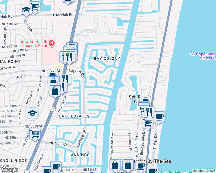 map of restaurants, bars, coffee shops, grocery stores, and more near 80 Bay Colony Lane in Fort Lauderdale