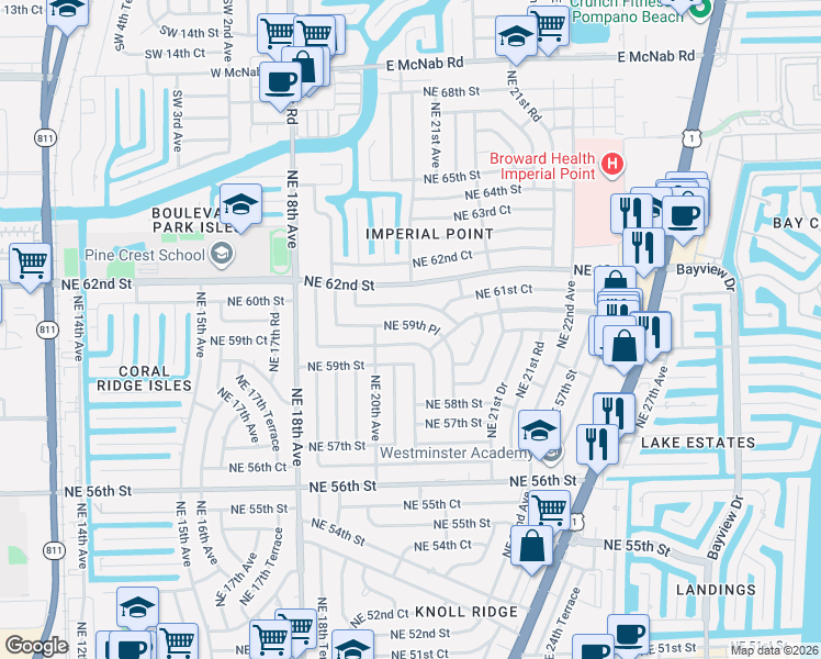 map of restaurants, bars, coffee shops, grocery stores, and more near 2106 Northeast 59th Place in Fort Lauderdale