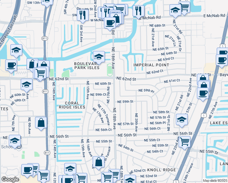 map of restaurants, bars, coffee shops, grocery stores, and more near 5951 Northeast 18th Terrace in Fort Lauderdale