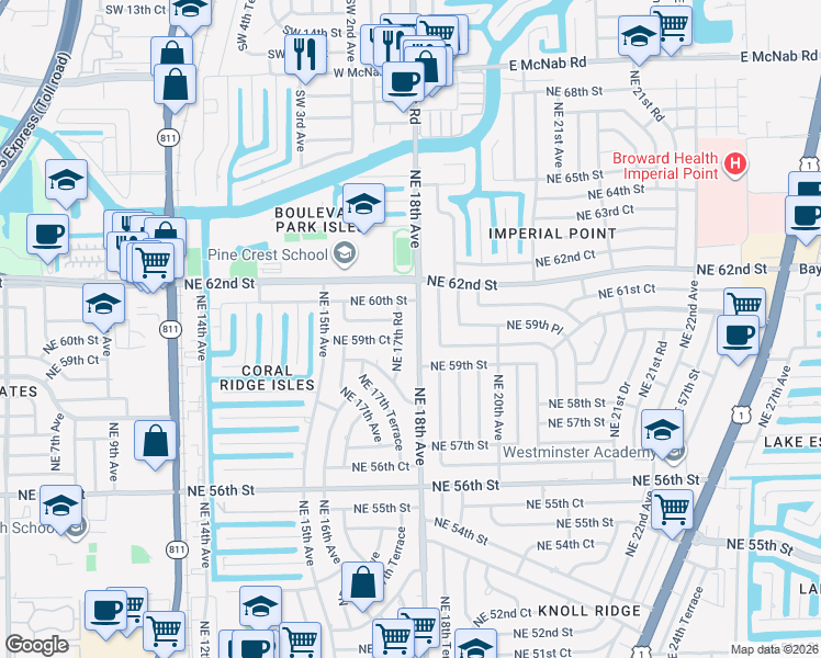 map of restaurants, bars, coffee shops, grocery stores, and more near 1650 Northeast 59th Place in Fort Lauderdale