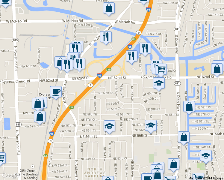 map of restaurants, bars, coffee shops, grocery stores, and more near 6010 Northeast 3rd Terrace in Fort Lauderdale
