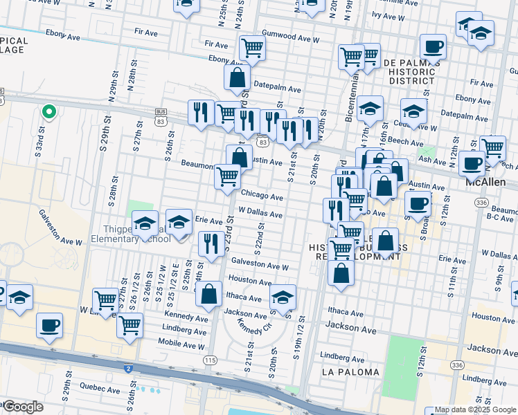 map of restaurants, bars, coffee shops, grocery stores, and more near 2206 Dallas Avenue in McAllen
