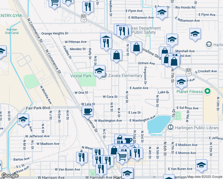 map of restaurants, bars, coffee shops, grocery stores, and more near 301 West Ona Street in Harlingen