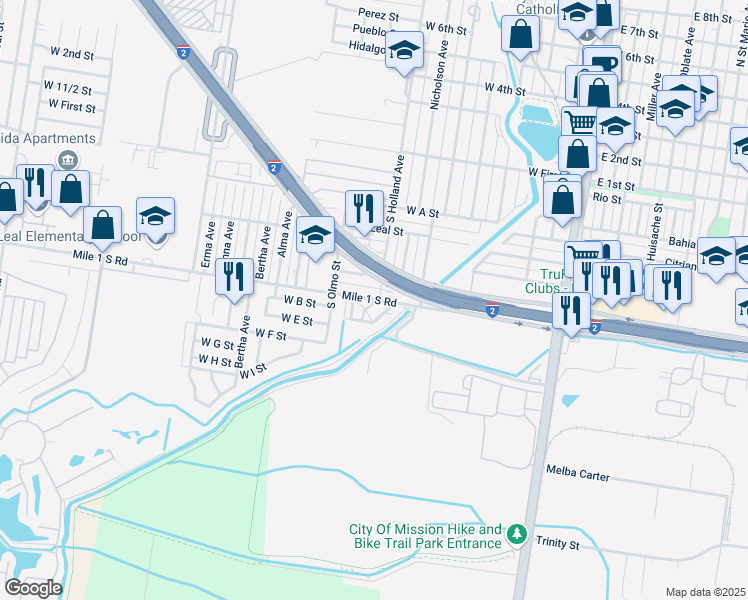 map of restaurants, bars, coffee shops, grocery stores, and more near 821 West Main Avenue in Mission
