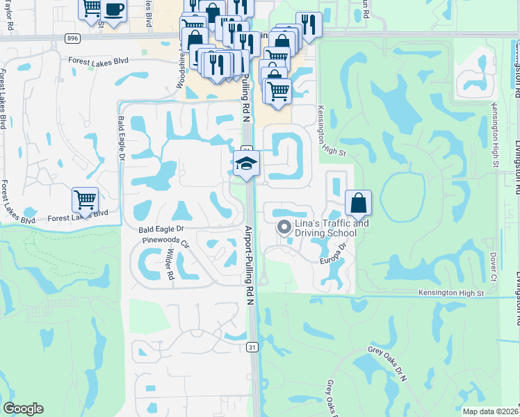 map of restaurants, bars, coffee shops, grocery stores, and more near 3438 Timberwood Circle in Naples
