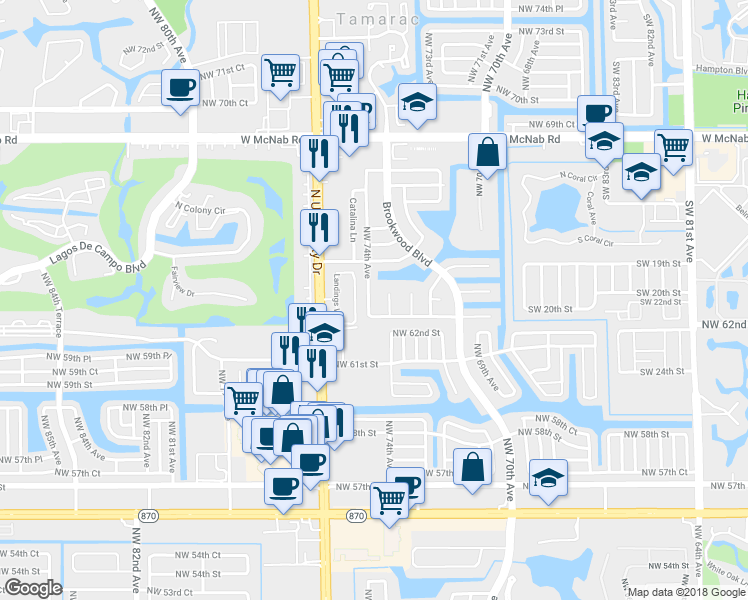 map of restaurants, bars, coffee shops, grocery stores, and more near 6304 Northwest 74th Avenue in Tamarac