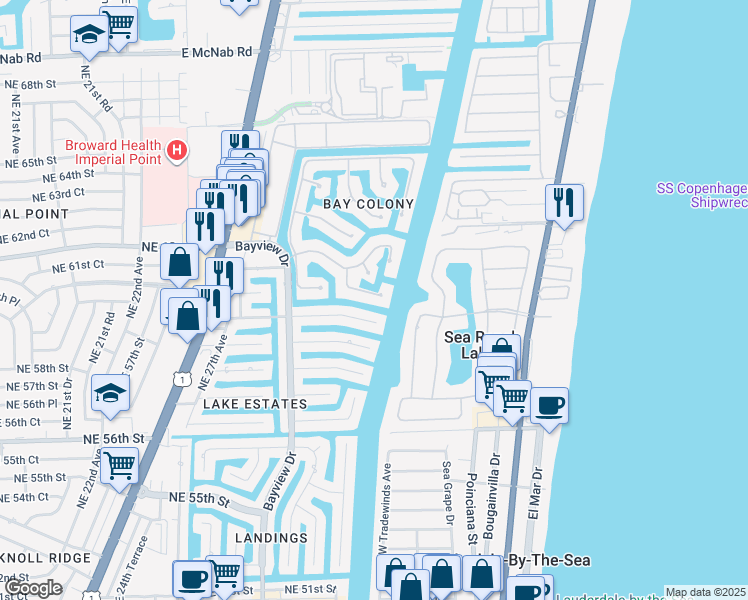 map of restaurants, bars, coffee shops, grocery stores, and more near 80 Bay Colony Lane in Fort Lauderdale