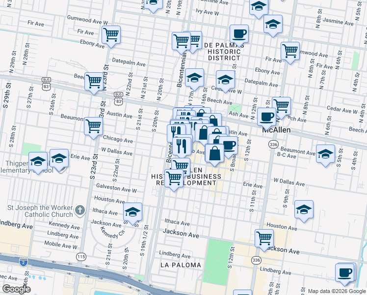 map of restaurants, bars, coffee shops, grocery stores, and more near 223 South 17th Street in McAllen