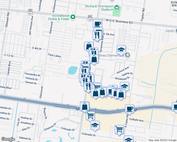 map of restaurants, bars, coffee shops, grocery stores, and more near 303 Farm-To-Market Road 494 in Mission