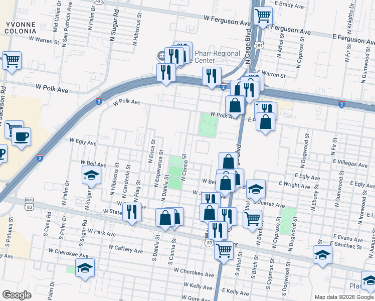 map of restaurants, bars, coffee shops, grocery stores, and more near 710 North Canna Street in Pharr
