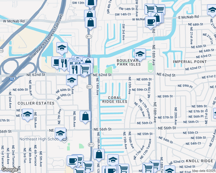 map of restaurants, bars, coffee shops, grocery stores, and more near 5931 Northeast 14th Road in Fort Lauderdale
