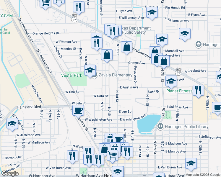 map of restaurants, bars, coffee shops, grocery stores, and more near 922 North A Street in Harlingen