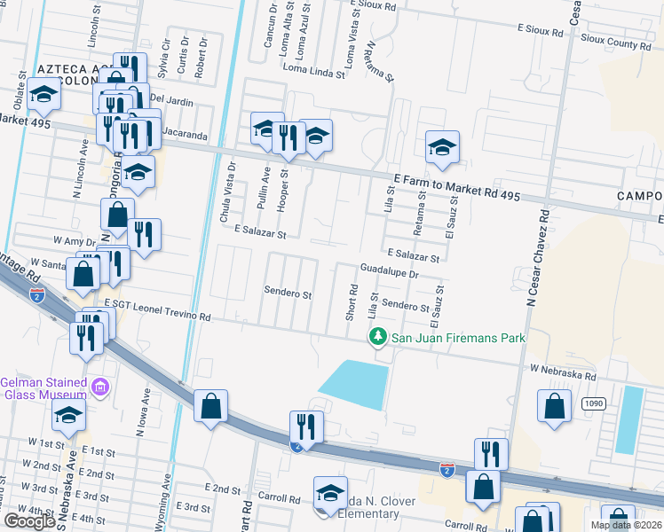 map of restaurants, bars, coffee shops, grocery stores, and more near 1121 Washingtonia Palm Avenue in San Juan
