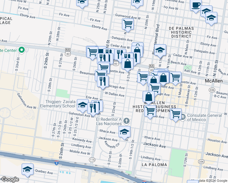 map of restaurants, bars, coffee shops, grocery stores, and more near 2206 Dallas Avenue in McAllen