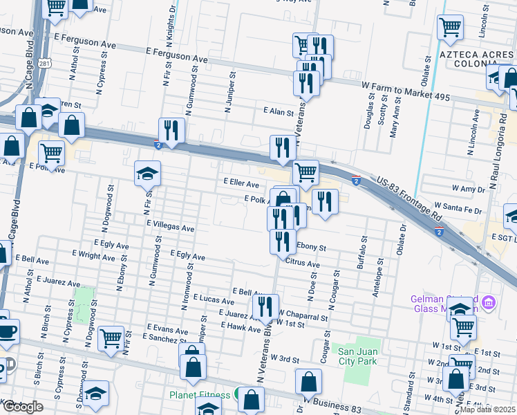 map of restaurants, bars, coffee shops, grocery stores, and more near 1200 East Polk Avenue in Pharr