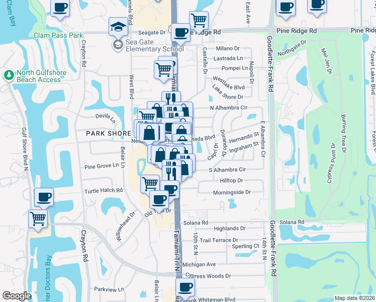 map of restaurants, bars, coffee shops, grocery stores, and more near 4539 West Alhambra Circle in Naples