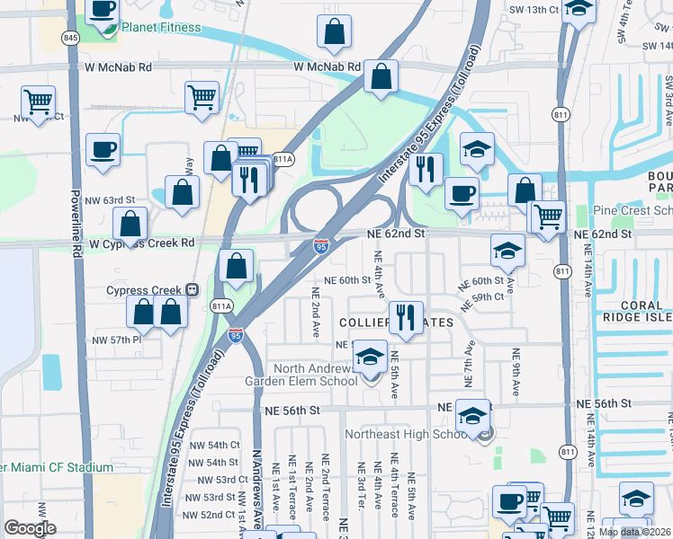 map of restaurants, bars, coffee shops, grocery stores, and more near 250 Northeast 61st Street in Fort Lauderdale