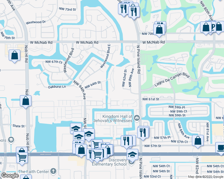 map of restaurants, bars, coffee shops, grocery stores, and more near 6327 Pinehurst Circle in Tamarac