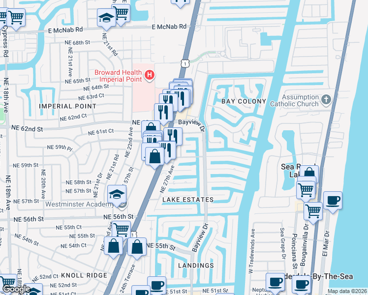 map of restaurants, bars, coffee shops, grocery stores, and more near 2800 Northeast 59th Court in Fort Lauderdale