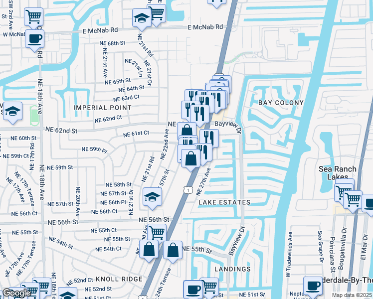 map of restaurants, bars, coffee shops, grocery stores, and more near 5990 Northeast 22nd Way in Fort Lauderdale