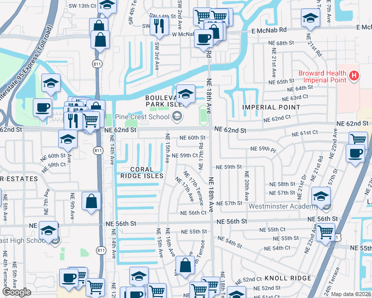 map of restaurants, bars, coffee shops, grocery stores, and more near 1540 Northeast 59th Place in Fort Lauderdale