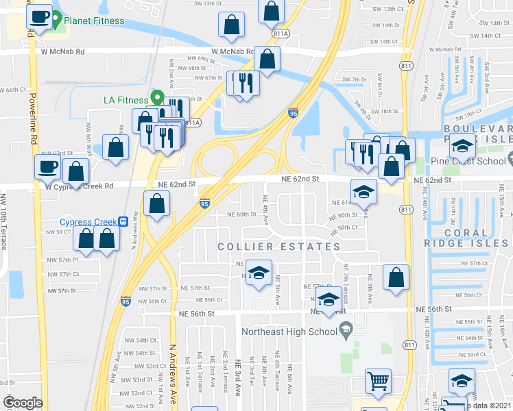 map of restaurants, bars, coffee shops, grocery stores, and more near 6010 Northeast 3rd Terrace in Fort Lauderdale
