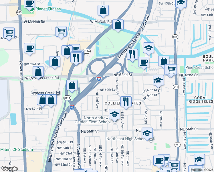 map of restaurants, bars, coffee shops, grocery stores, and more near 250 Northeast 61st Street in Fort Lauderdale