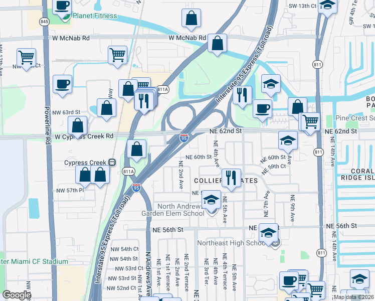 map of restaurants, bars, coffee shops, grocery stores, and more near 250 Northeast 61st Street in Fort Lauderdale