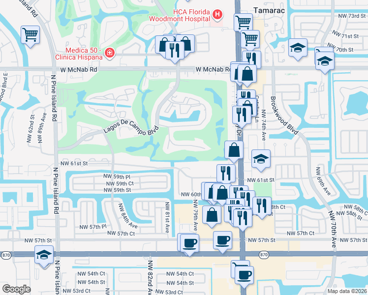 map of restaurants, bars, coffee shops, grocery stores, and more near 8000 Fairview Drive in Tamarac