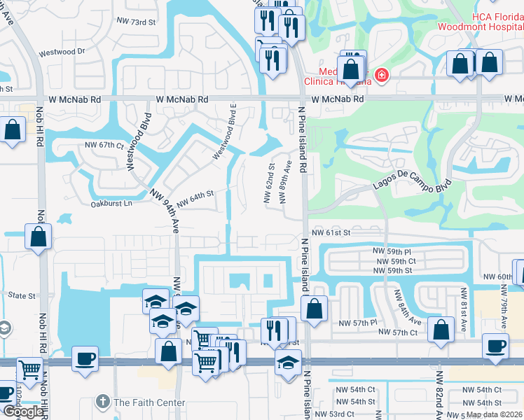 map of restaurants, bars, coffee shops, grocery stores, and more near 8990 Northwest 62nd Street in Tamarac